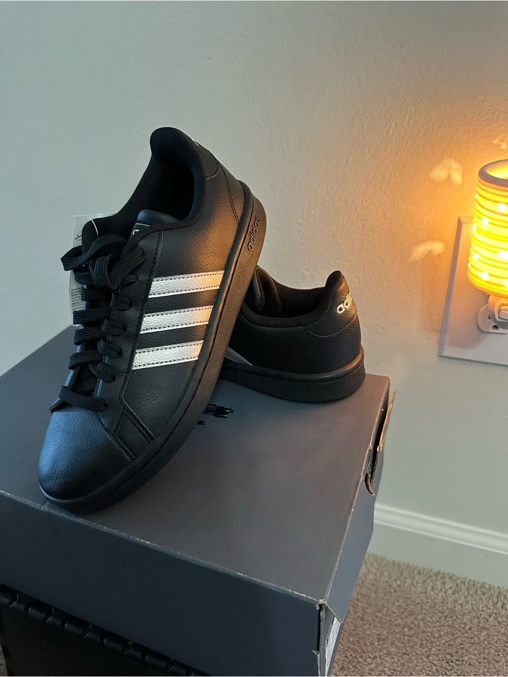 adidas Grand Court Base, Women’s Black Sneakers with Silver 3-Stripes Size 71/2